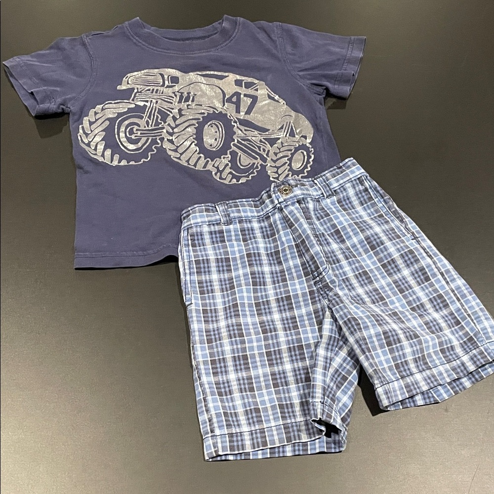 Carter's Blue Monster Truck Tee and Plaid Shorts Set